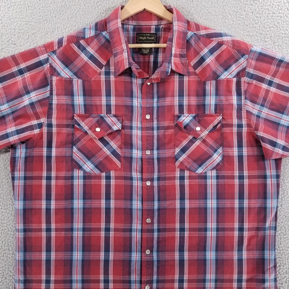 High Noon Western Shirt Mens 2XL Red White Blue Plaid Pearl Snap Cowboy Rodeo